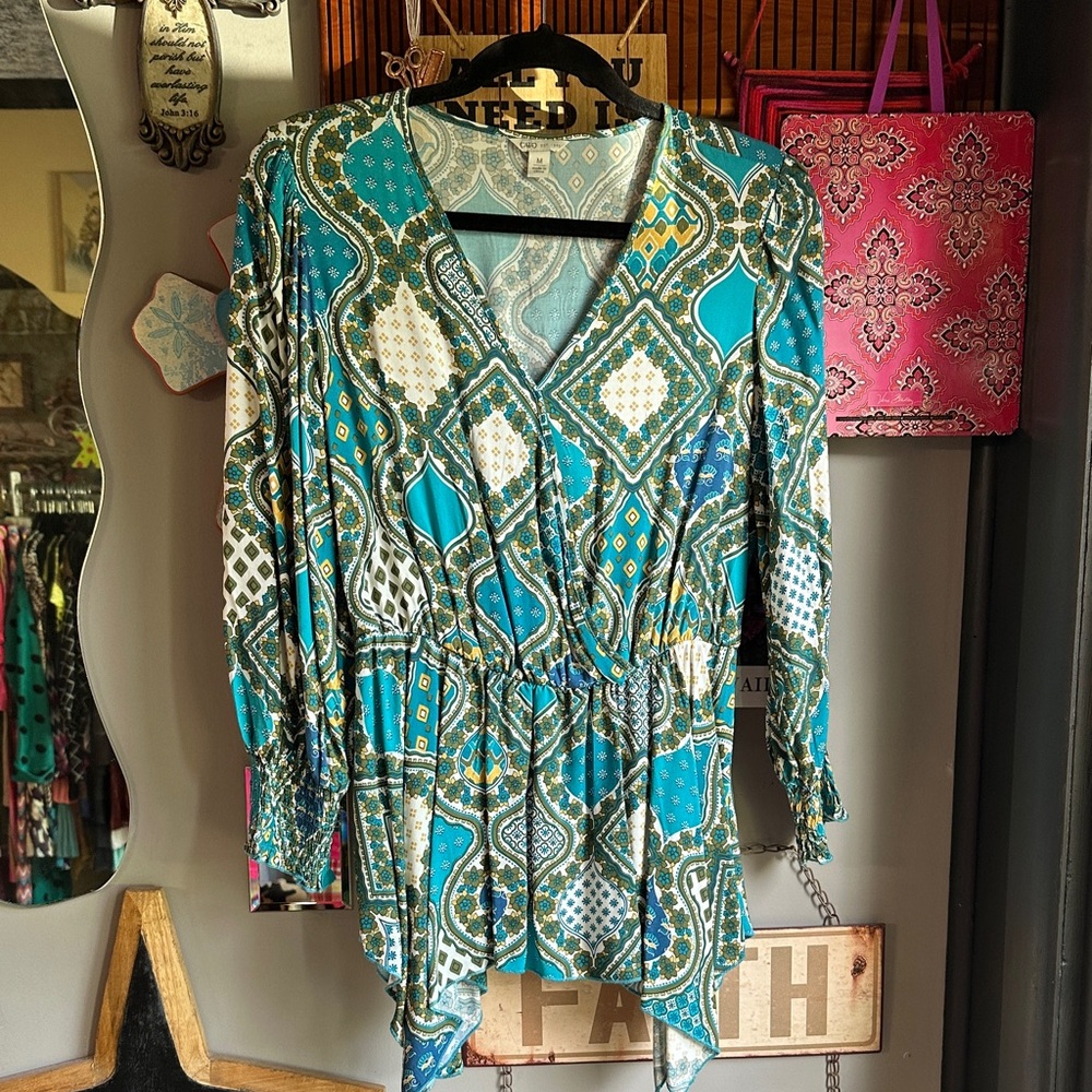 Cato Teal and White Patterned Blouse